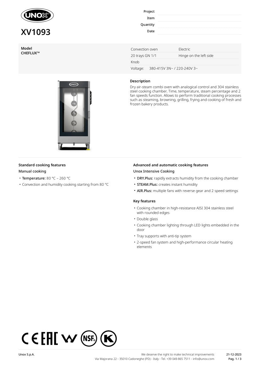 UNOX CHEFLUX CONVECTION OVEN 20 X 1/1 SIZE PANS XV1093