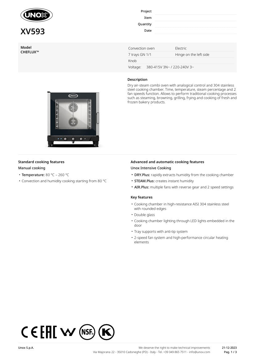 UNOX CHEFLUX CONVECTION OVEN 7 X 1/1 SIZE PANS XV593