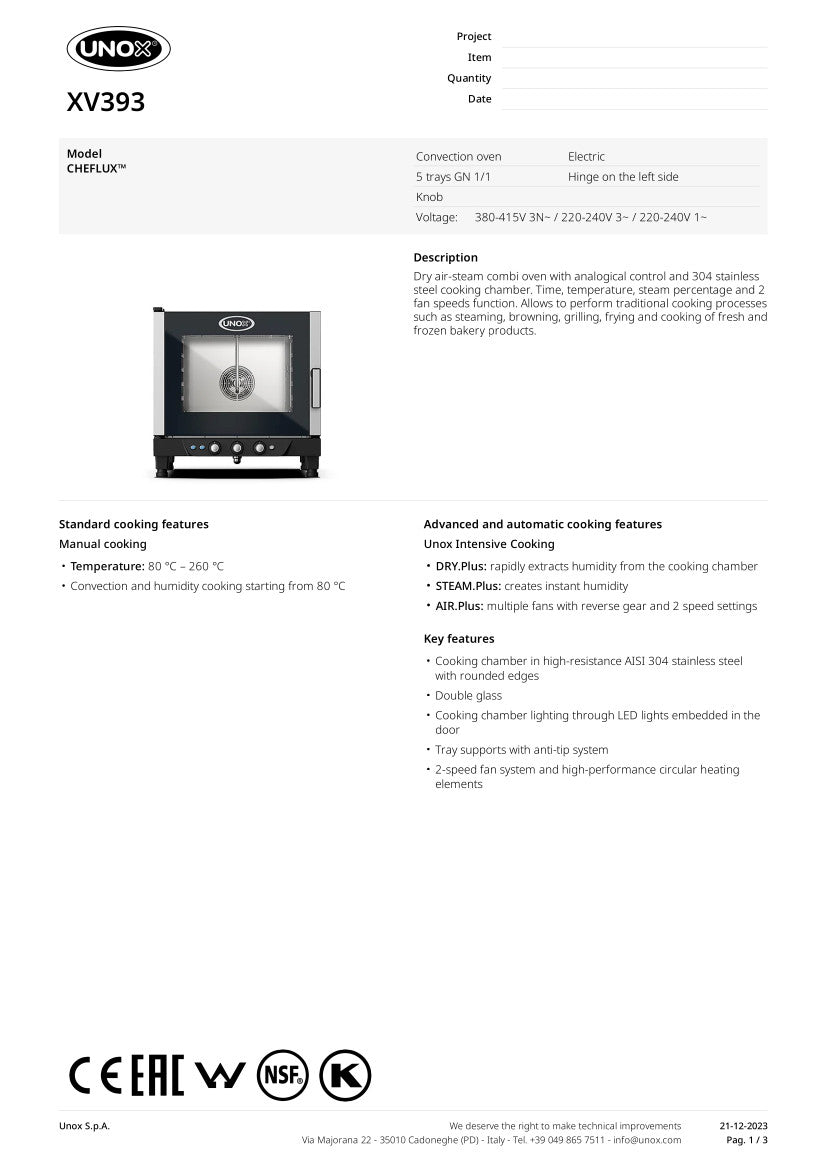UNOX CHEFLUX CONVECTION OVEN 5 X 1/1 SIZE PANS XV393