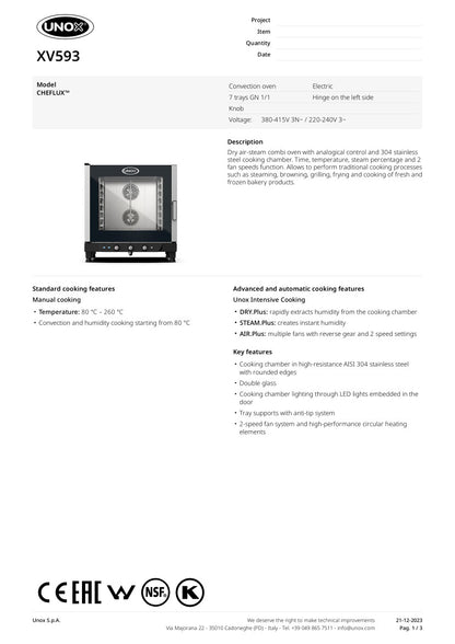 UNOX CHEFLUX CONVECTION OVEN 7 X 1/1 SIZE PANS XV593