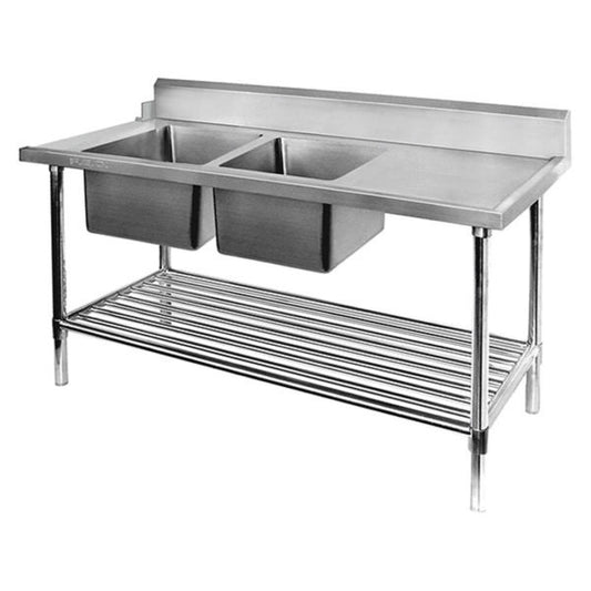 Left Inlet Double Sink Dishwasher Bench - Stainless Steel