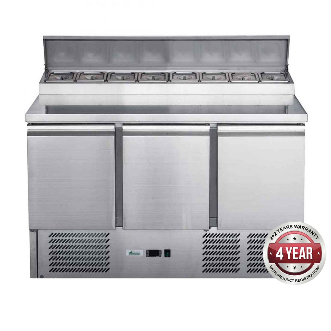 FED-X Three Door Salad Prep Fridge XGNS1300D in a restaurant kitchen - Hospo Direct NZ